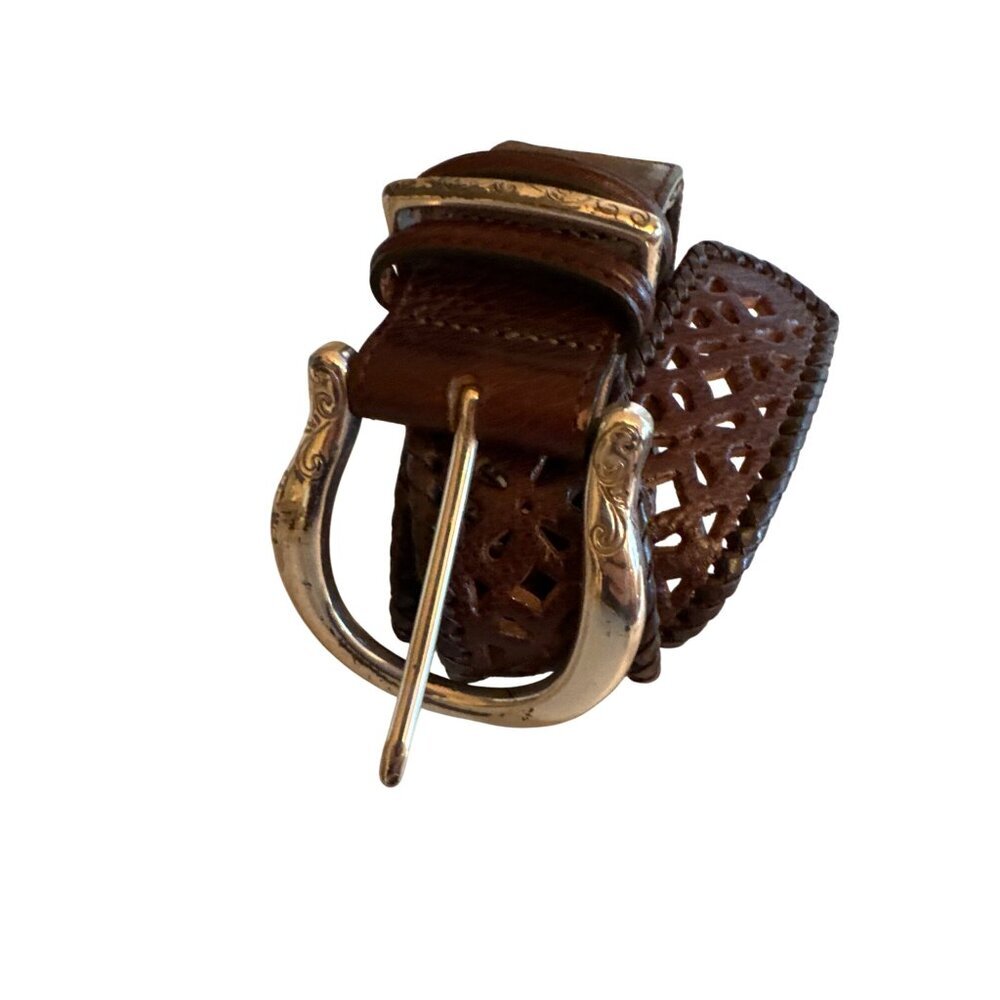 Brighton Brown Leather Med Belt Silver-Tone Scroll Buckle & Woven Cutout Design